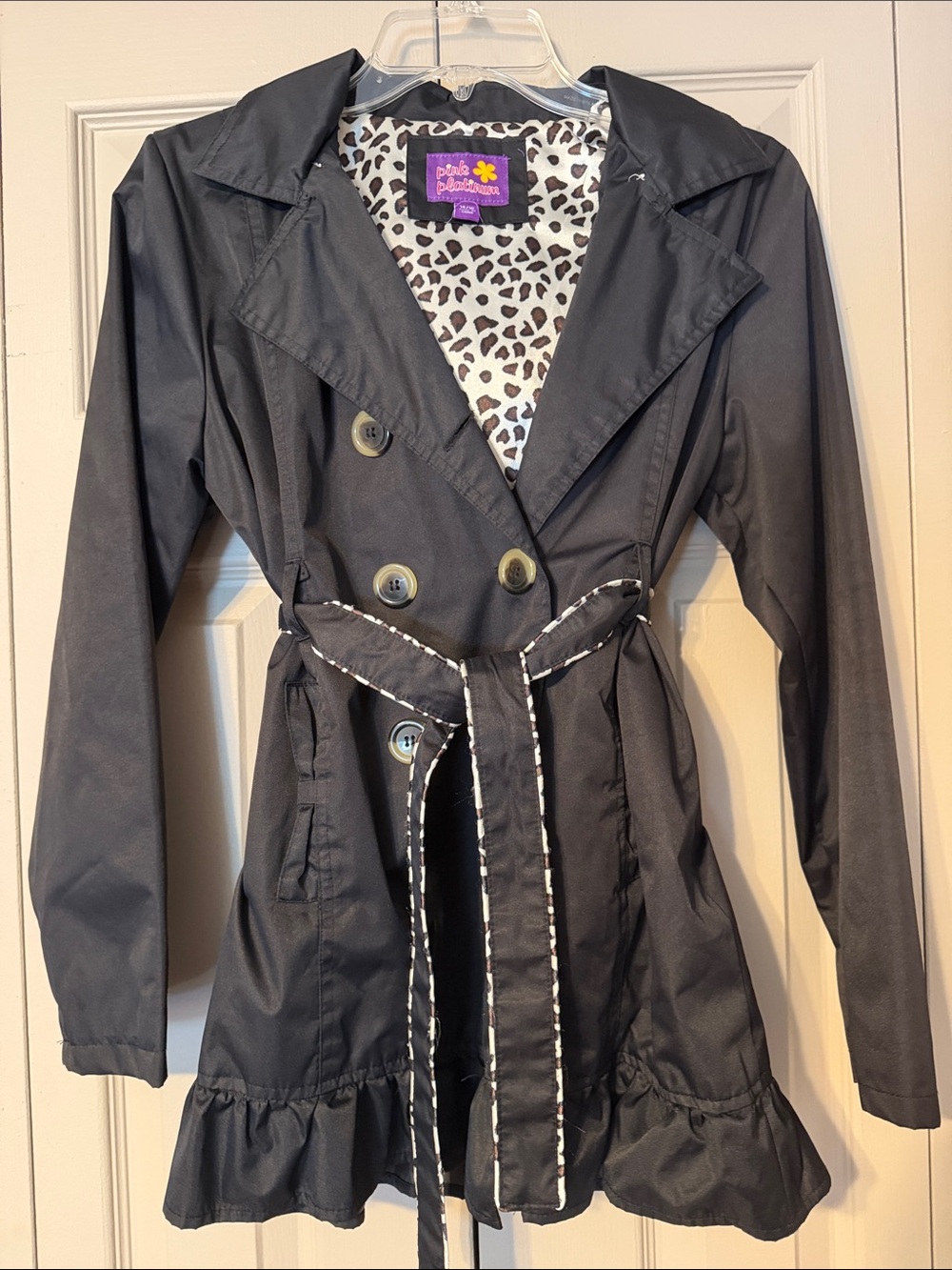 Pink Platinum Black Ruffled Leopard Lined Hooded Trenchcoat Raincoat Girls 14-16